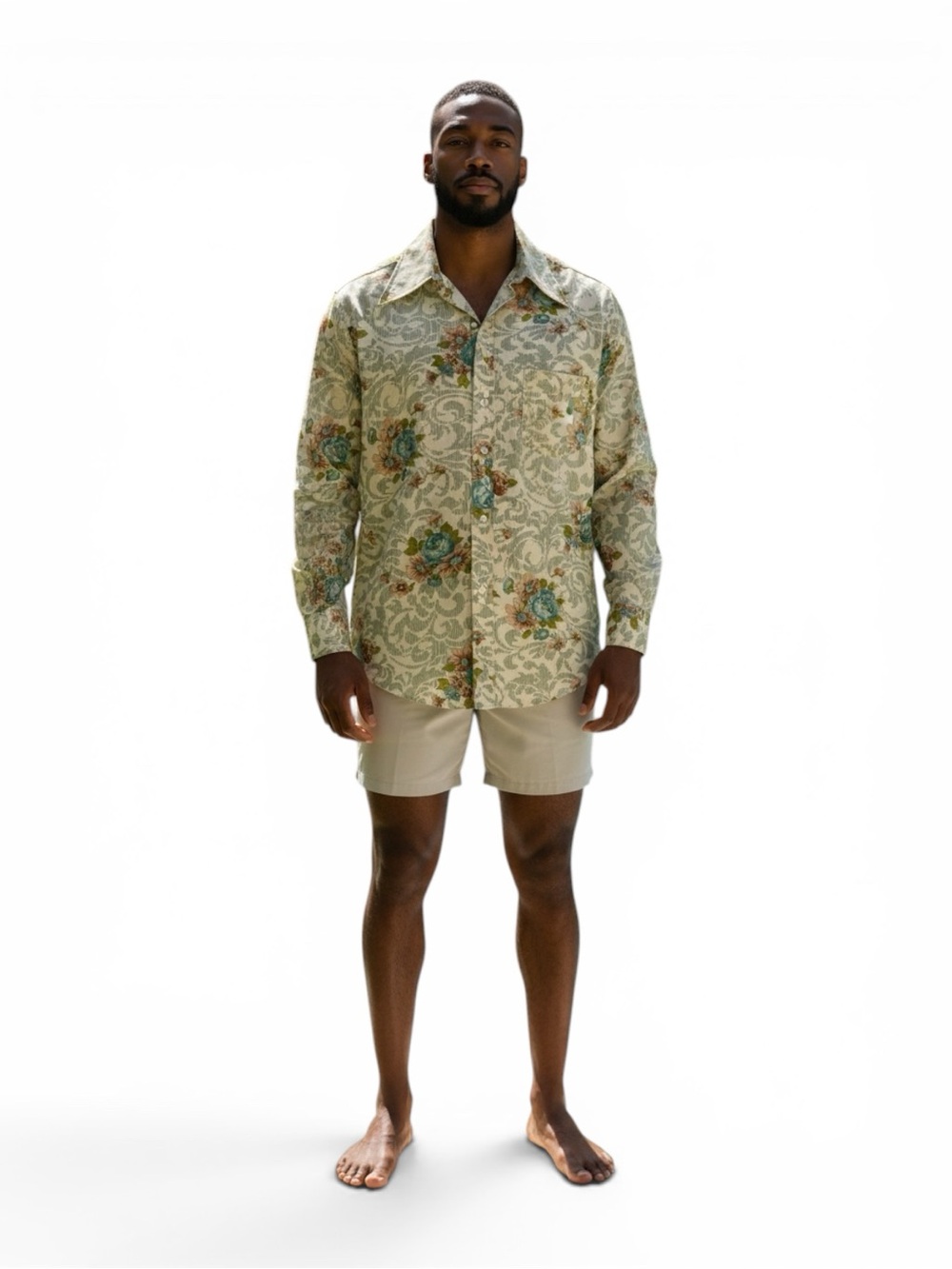 Vintage Retro Green Floral Tapestry Long-Sleeve Button-Down